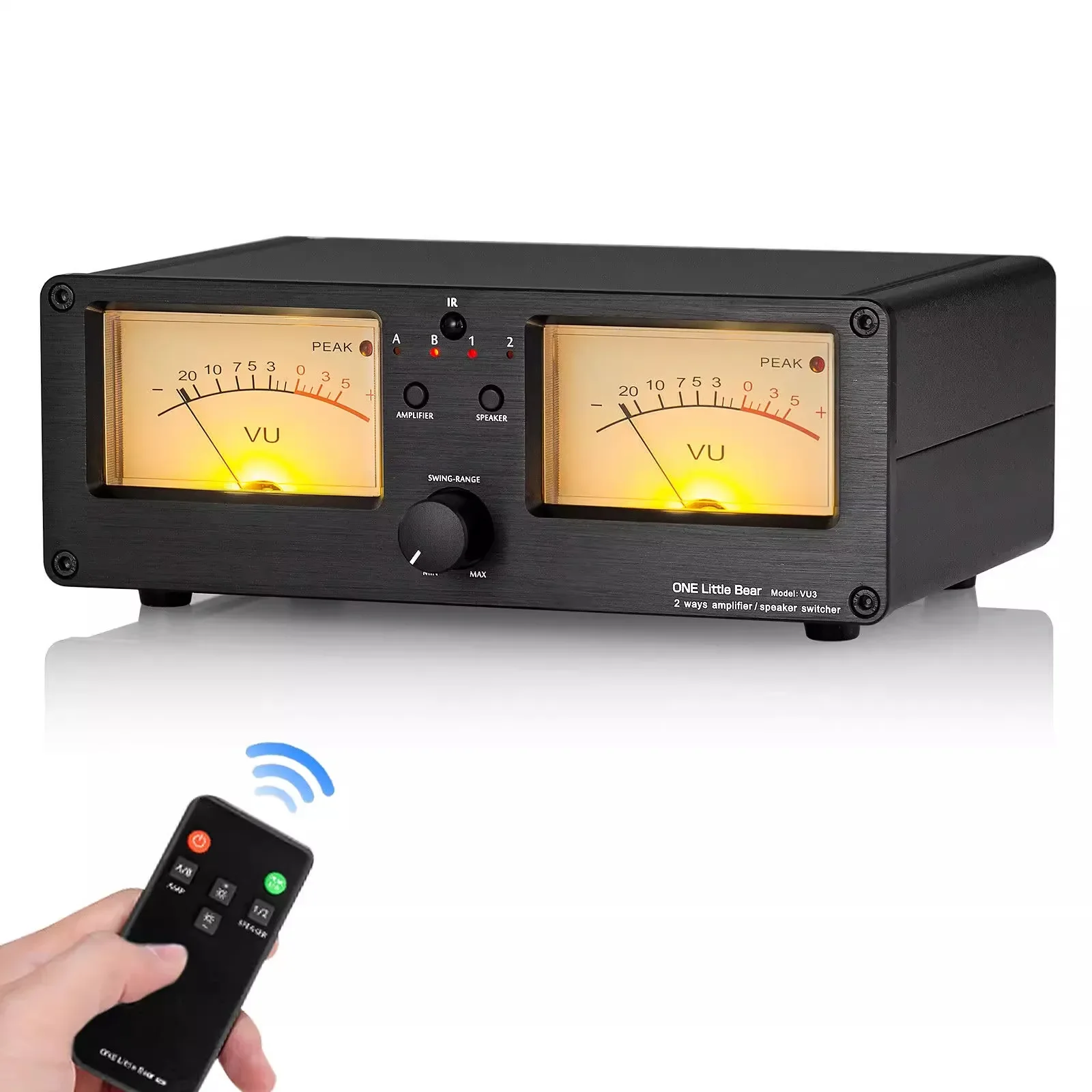 Dual Analog VU Meter Sound Level DB Panel Display 2-way Amplifier / Speaker Switcher Box Selector W/ Remote Control vu meter display switcher box