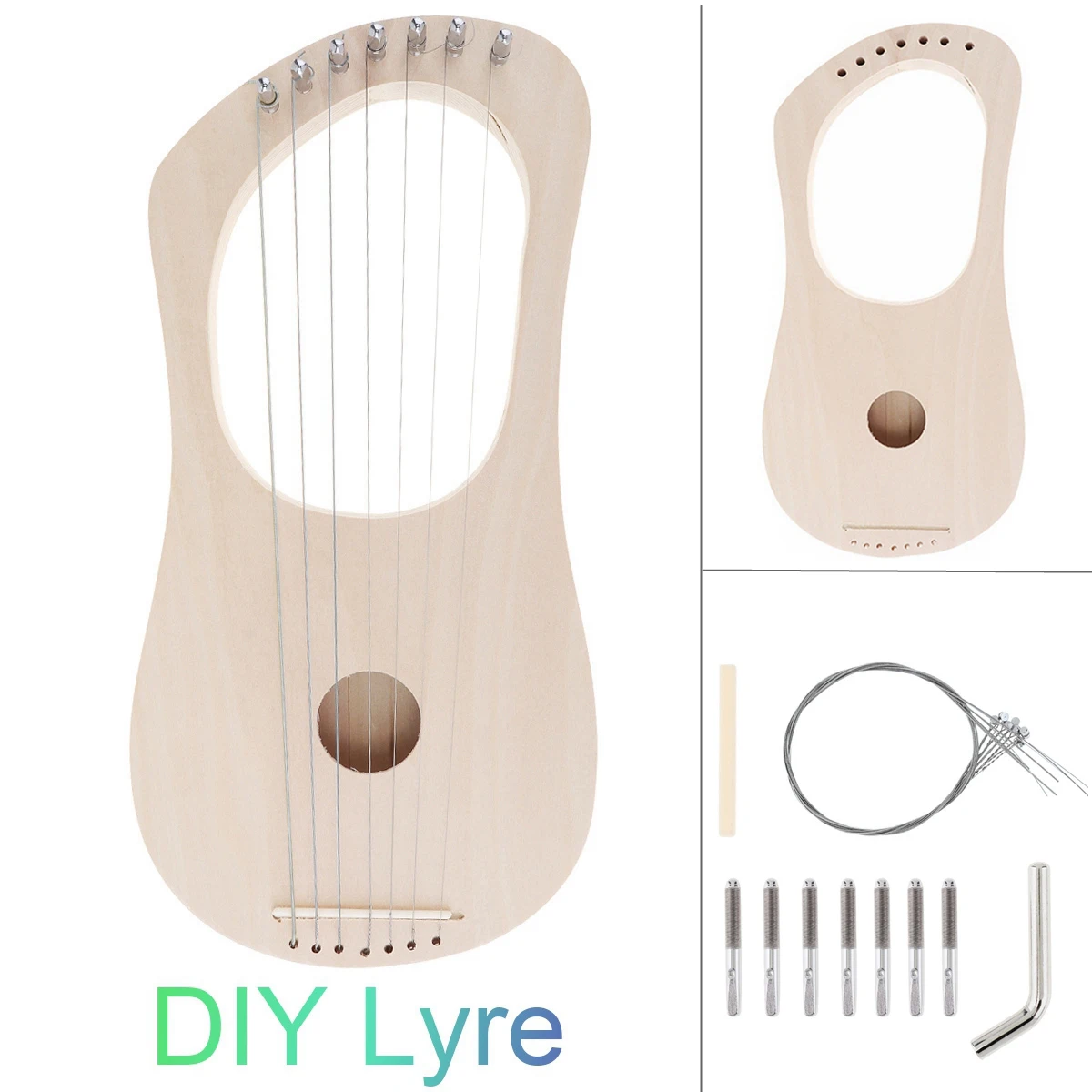 7 Strings Lyre Harp DIY Kit Solid Basswood String Instrument Handwork Painting Assembly for Beginner Children Fun Toy Art