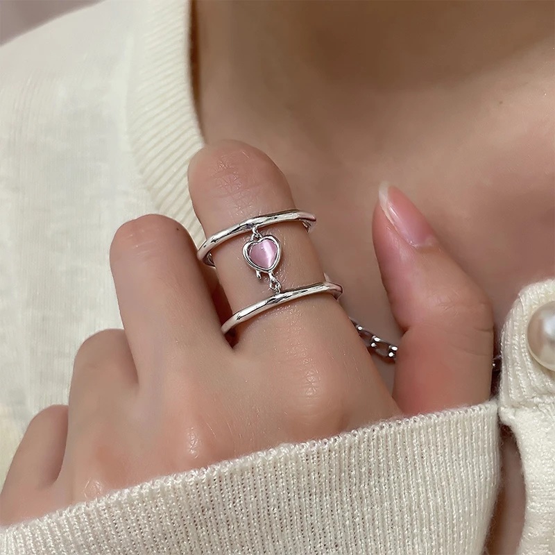 Anillos coreanos con piedra ópalo corazón para mujer, anillos de compromiso de boda de amor rosa, cristal creativo, anillo abierto de doble capa, | - AliExpress