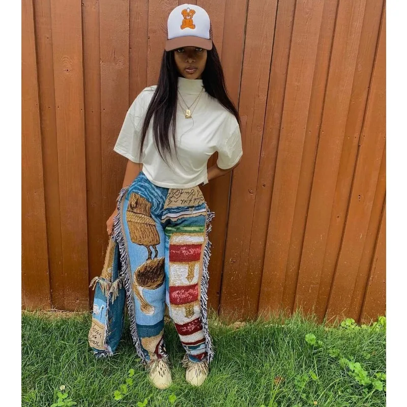 Cartoon Print Tassel Casual Straight Pant Women Y2K Streetwear 2023 Autumn Winter Elastic High Waist Trousers High Street