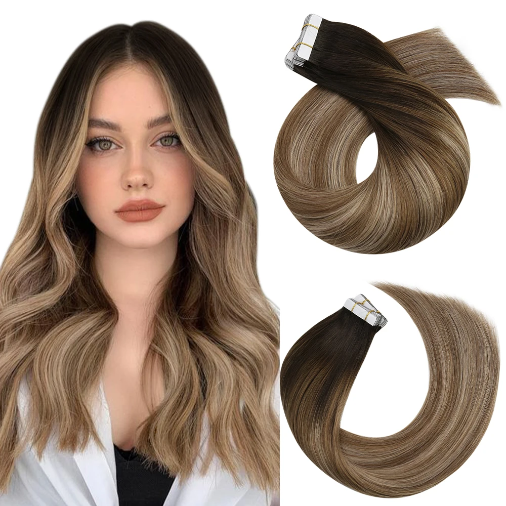 

Moresoo Human Hair Extensions Tape in Real Remy Hair Brown Color Ombre Balayage Hair Brazilian Extensions Tape in Hair Straight