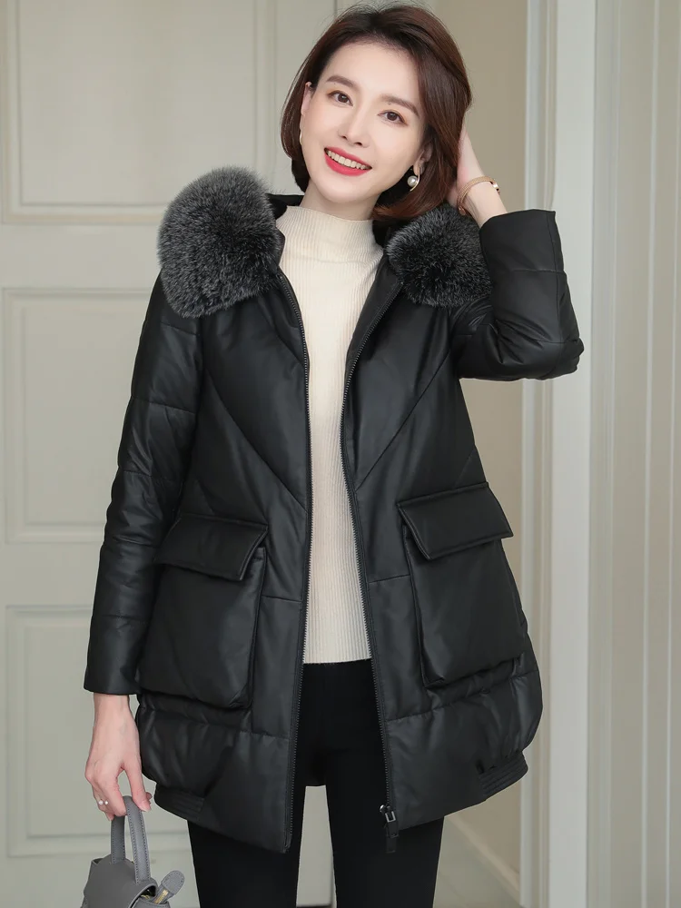 

Новинка 2023, пальто с капюшоном и воротником из лисьего меха, женский пуховик на 85% белом утином пуху, женские Куртки из натуральной овечьей кожи