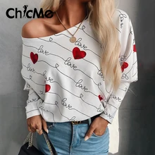 

Chicme Lady's Heart Letter Print Top Round Neck Batting Long Sleeve T-Shirt Tee Casual Pullover Valentine's Day Gift For Women