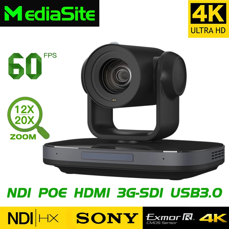 MediaSite 비디오 회의 교회 라이브 스트리밍 AI 추적 카메라, 4K60FPS NDI POE PTZ 카메라, 12X-20X 광학 줌 방송 카메라