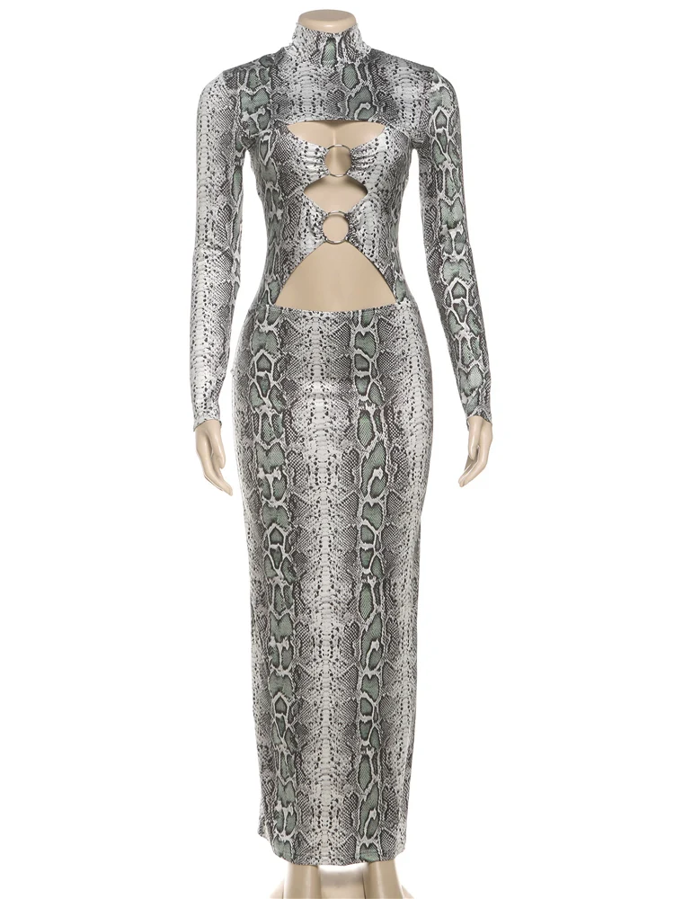 Nibber Hipster Maxi Dress Sexy Snakeskin Print Women Chest Hollow Metal Ring Turtleneck Peach Hip Street Stretch Skinny Vestidos