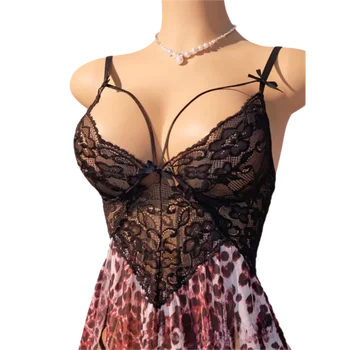 Vestido de dormir sensual para mujer, encaje, tul y estampado de leopardo, tirantes, escote en V y abertura, pijama de hogar par