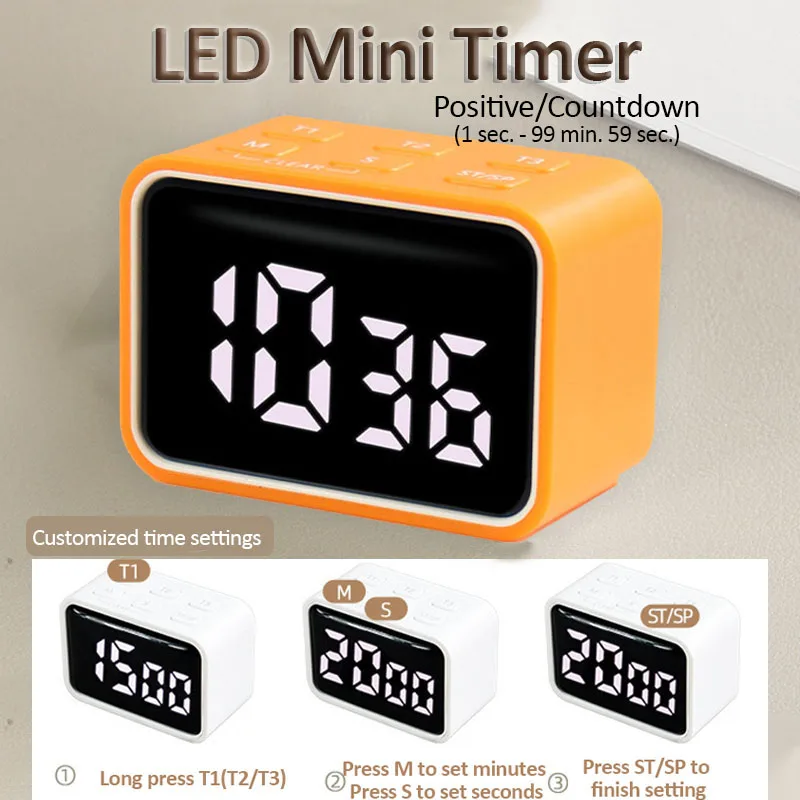 Mini Digital Timer LED Visual Timer for Studying Cooking Positive Countdown Clock 3 Preset Time Home Rechargeable Kitchen Timer_voghion.com
