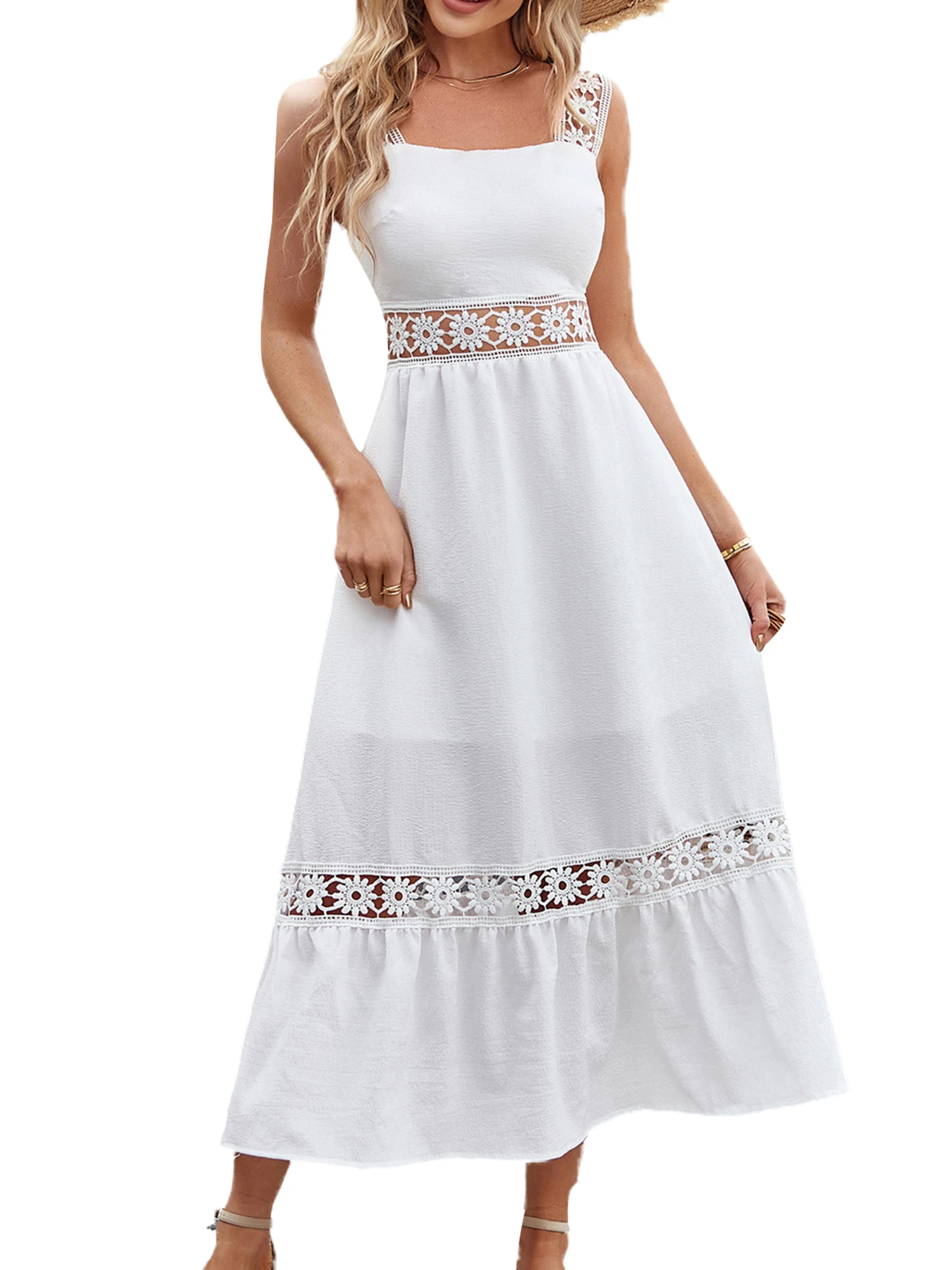 

Women s Elegant Lace Patchwork A-Line Maxi Dress with Square Neckline and Cutout Detail - Perfect for Cocktail Parties Beach