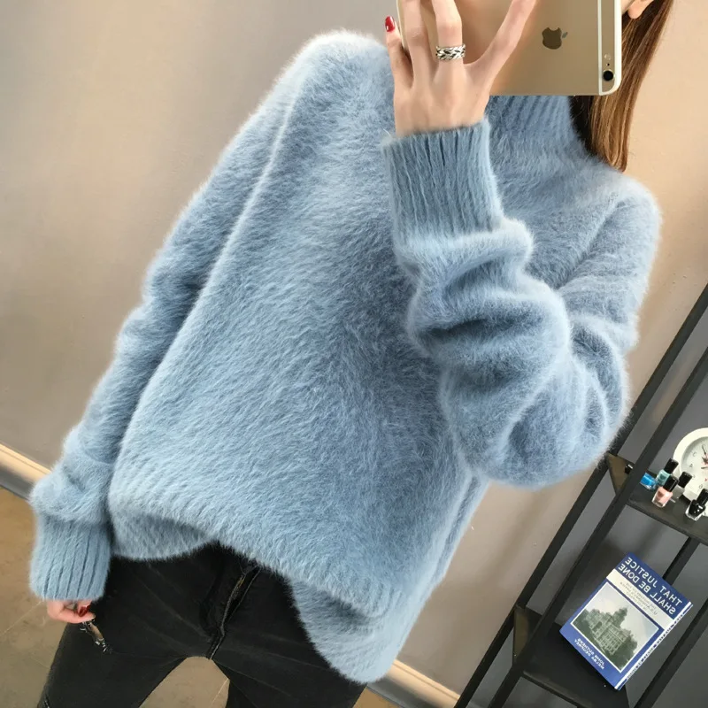 

New Loose Mock Neck Pullover Women's Outer Wear Student Base Knitwear Korean Style Thick Women's Clothes Fashion Wholesale