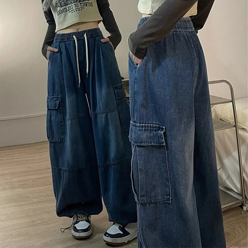Y2k 헐렁한 청바지, 오버사이즈 배럴 청바지, 데님 바지, 여성 힙합 바지, 포켓 스트리트웨어, 와이드 레그 카고 바지