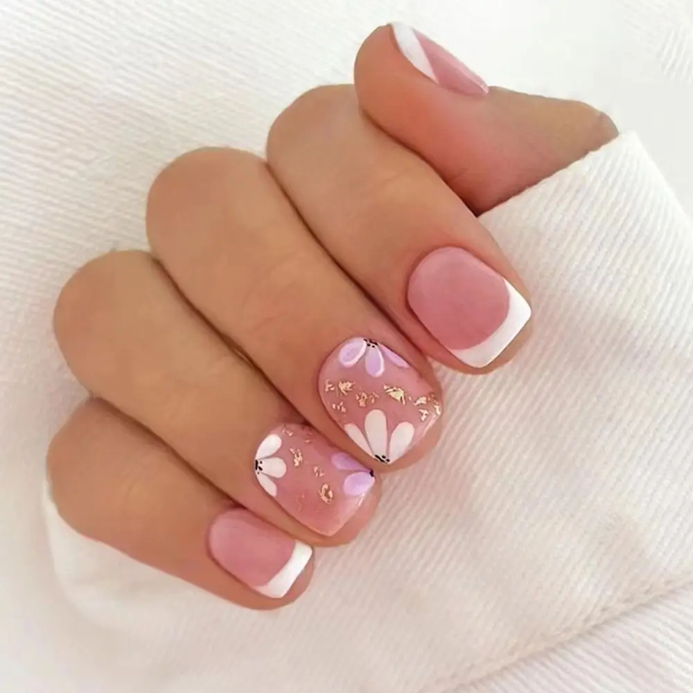 

French False Nails Fashion Summer Orange Short Round Fake Nails Full Cover Wavy Nail Tips for DIY