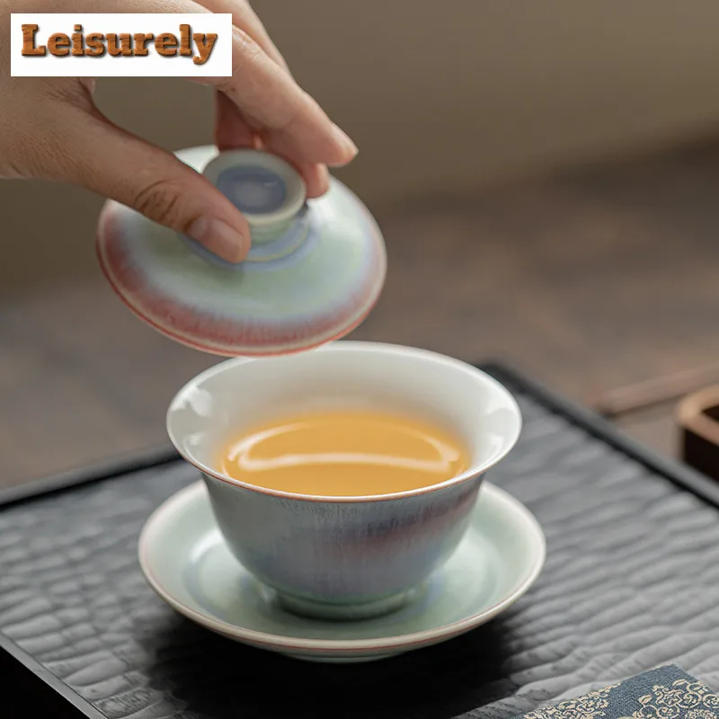 150ML Aurora Kiln Change Gaiwan Boutique Red Blue Glaze Sancai Tea Tureen Tea Maker Cover Bowl Chinese Tea Set Collection Craft