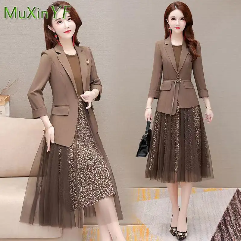 2022 Spring Autumn New Suit Jacket Dress Two-piece Women's Elegant Mesh Skirt Blazers Coat Set Korean Fashion Professional Wear