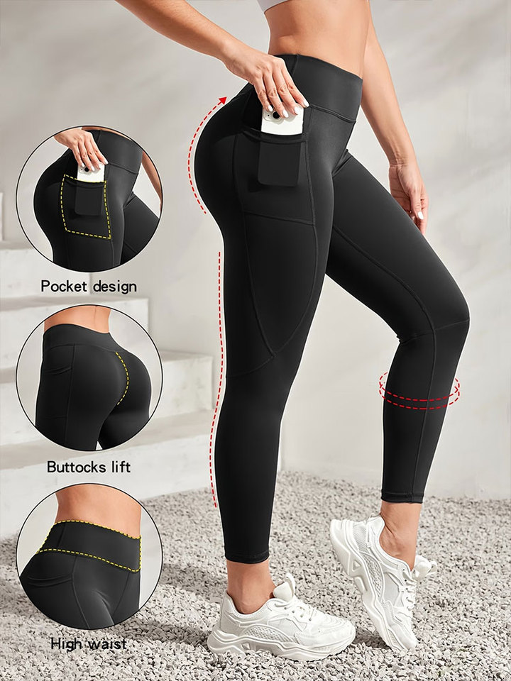  Yoga High Waist Running Pocket Stretch Fitness Pants Solid Color Peach Hip Sports Leggings Women Outdoor Cycling Jogging Trouser 