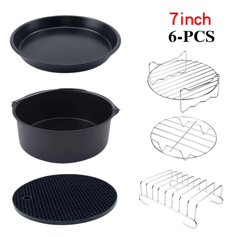 6pcs/set 7 Inch Pizza Pan Air Fryer Accessories Baking Grill Rack Cake Barrel