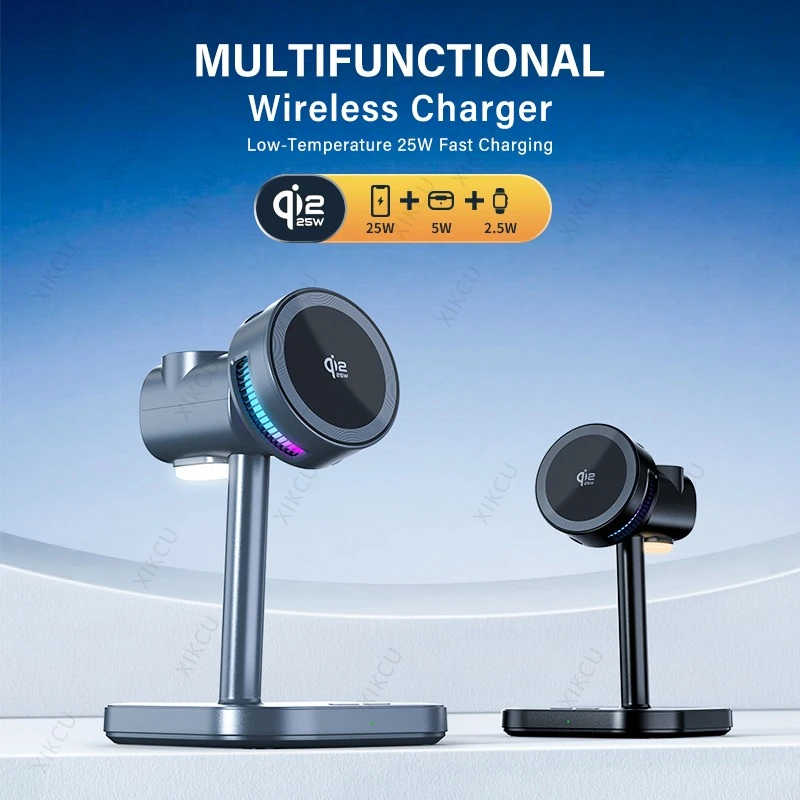 3 IN 1 마그네틱 qi2 25W 무선 충전 스탠드 LED 라이트 에어 쿨링 고속 충전 아이폰 1712 에어팟 프로 3/2 애플 워치용
