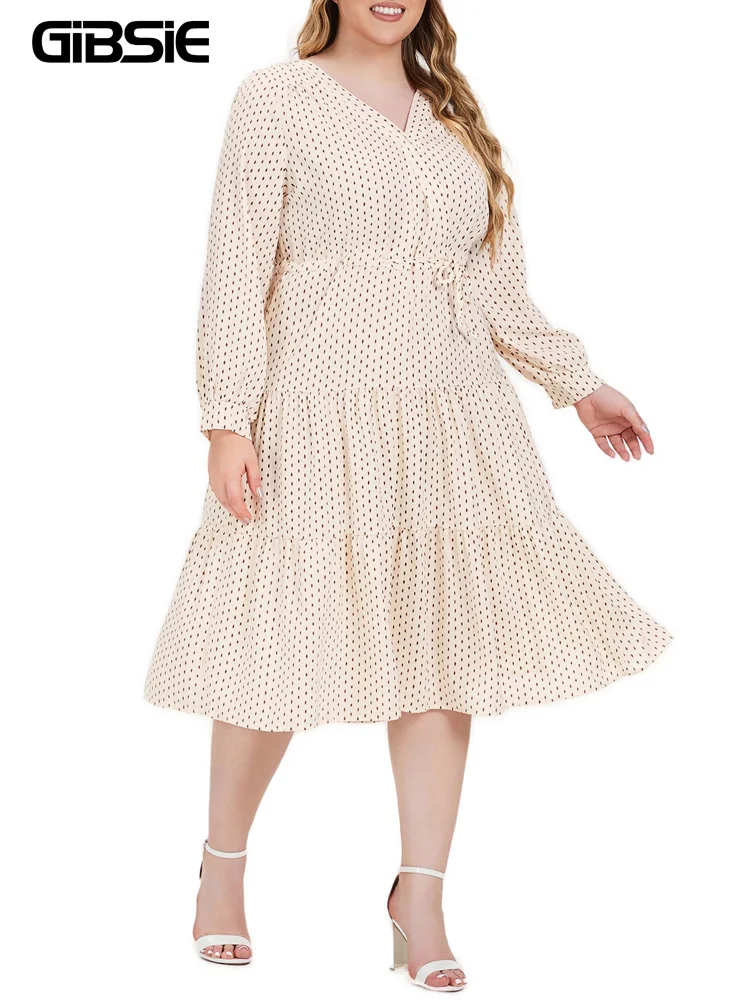 GIBSIE Plus Size Wrap V Neck Knot Front Ruffle Hem Dress Women Elegant Print Long Sleeve 3XL 4XL 5XL A-line Midi Dresses 2023