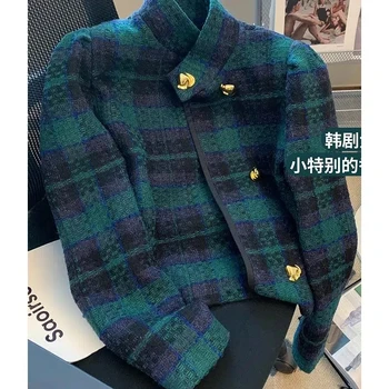 여성용 녹색 격자 무늬 짧은 정장 재킷, 웨스턴 스탠드 칼라, 긴팔 블레이저, 프렌치 레트로, 가을 2022 신상