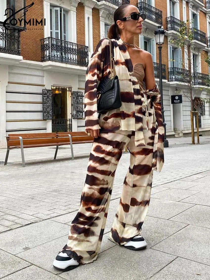 Oymimi Elegant Beige Print 2 Piece Sets Women Outfit Fashion Long Sleeve Lace-Up Shirts And High Waist Straight Trousers Sets