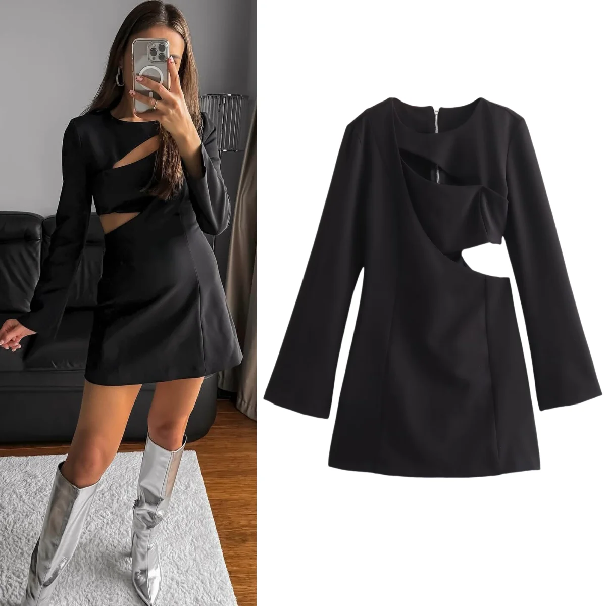 

TRAF Women's Elegant Hollow Long Sleeve A-Line Dress Women's Fashion O-Neck Zipper Mini Dress 2024 Street Commuting Vest