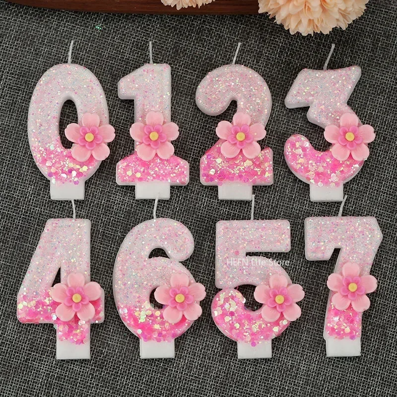 Digital Candles with Pink Flowers, Birthday Candles, Party Atmosphere, Scene Decorations, Home Decoration, 0-9, 1Pc