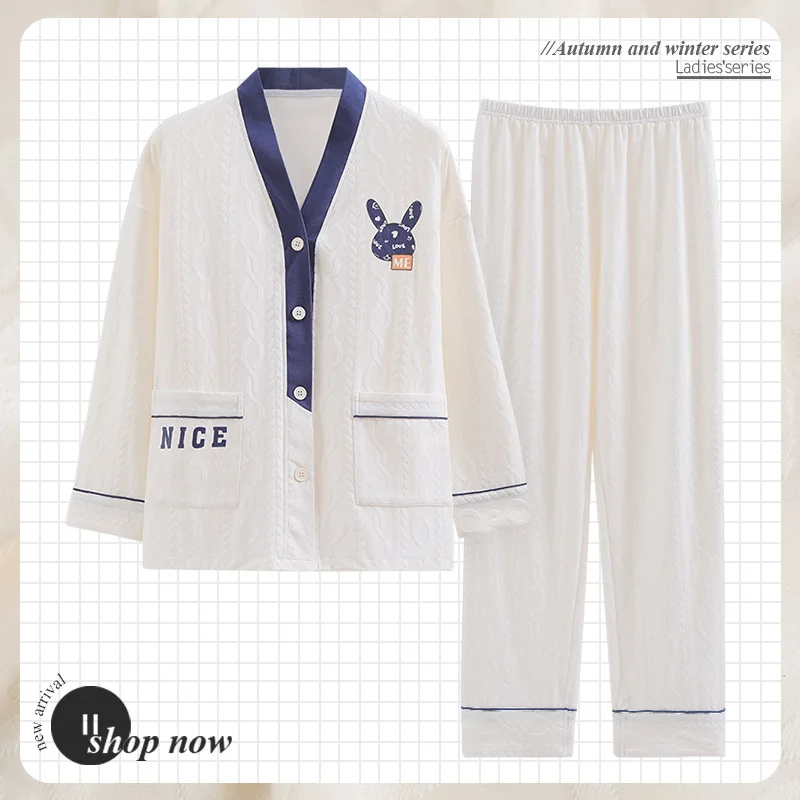 

Women Cotton Pajamas Set Kimono Fashion Sleepwear Plus Size M-3XL Long Pants Sleep Tops 2 Pieces/Set Nightwear Female Homewear