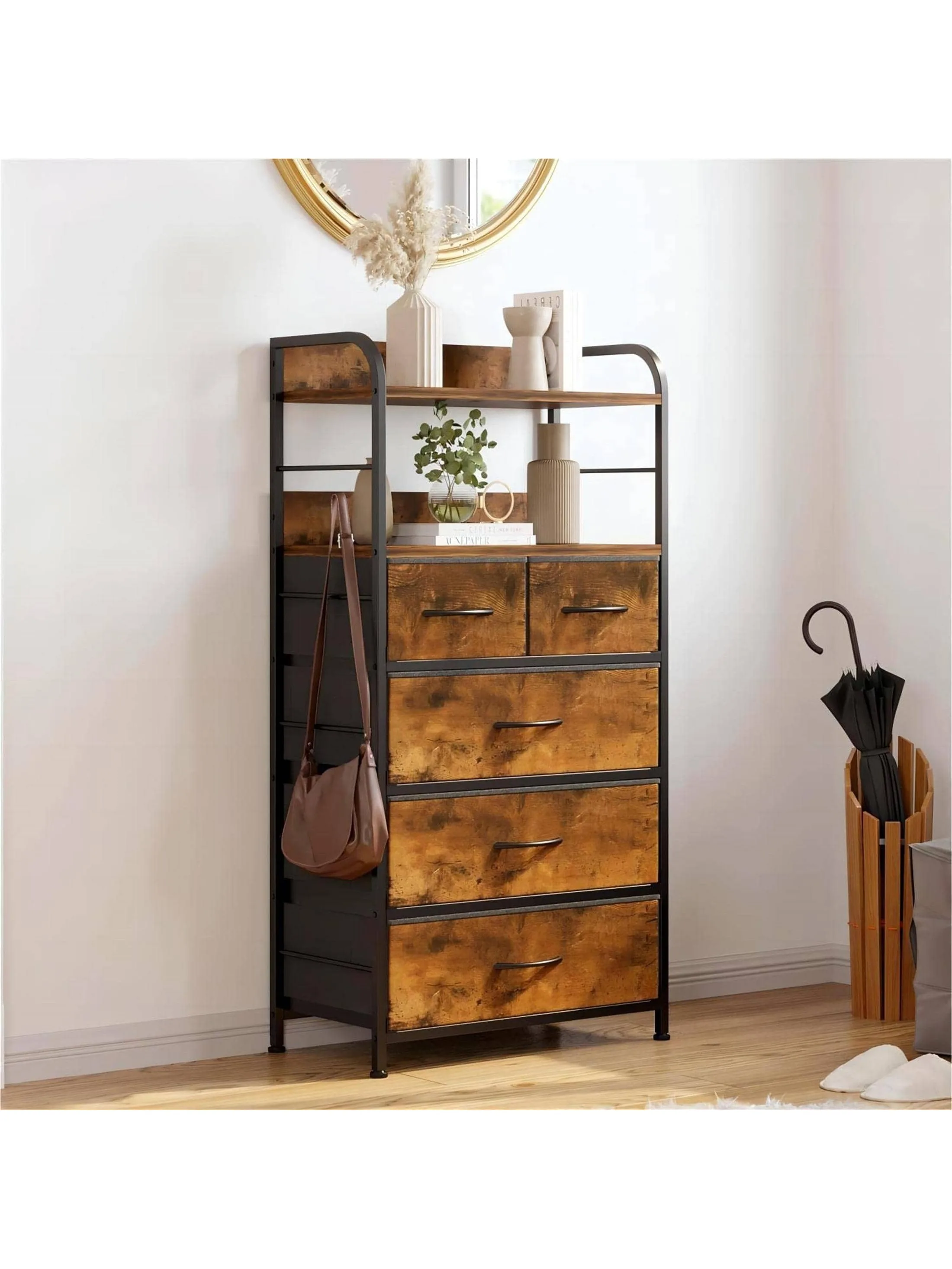 

5 Drawers Dresser for Bedroom, Dressers & Chests of Drawers Storage Organizer Unit with Fabric, Sturdy Metal Frame,Wood Tabletop