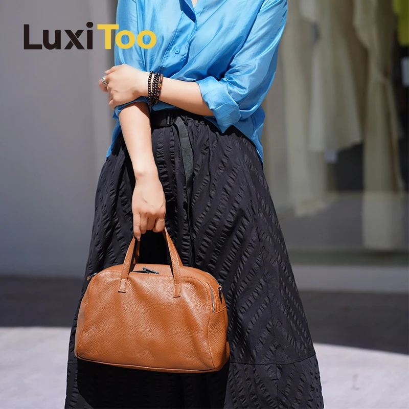

Genuine Leather Boston Bag Women Casual Travel Bags Shoulder Bags Fashion Handbags Cowhide Messenger Bag High Quality Soft