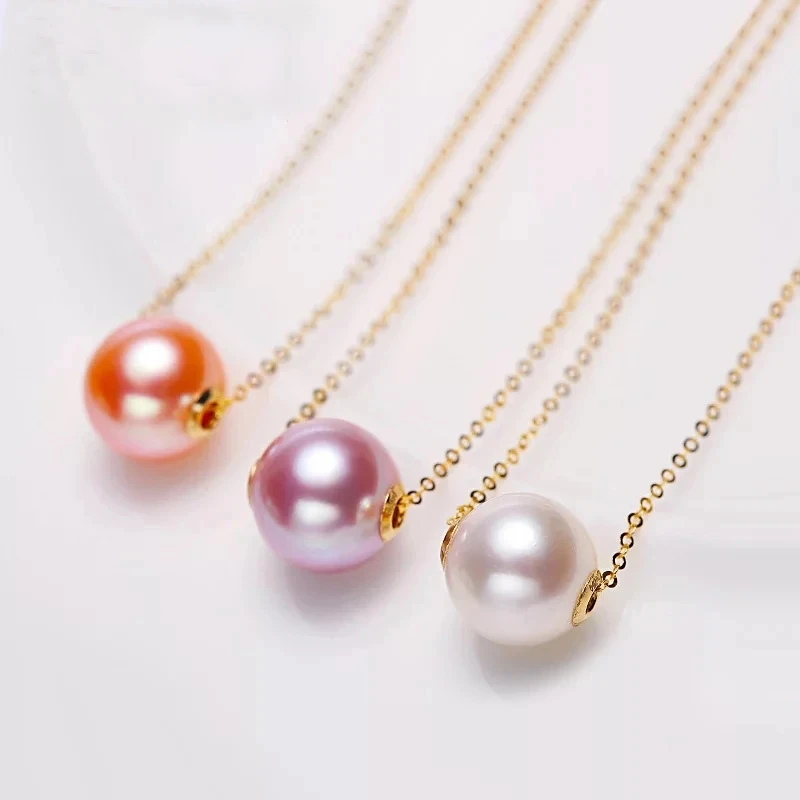 Natural Freshwater Pearl Pendant Necklace 18K Pure Yellow Gold Chain White Pink Purple Round Pearl Women Fine Jewelry X235 pendant necklace