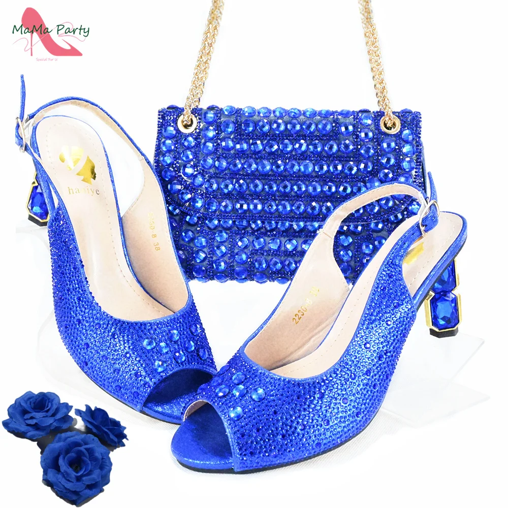 

2024 High Quality Blue Color Italian Design New Coming Casual Square Heels with Shinning Crystal Special Arrivals For Party