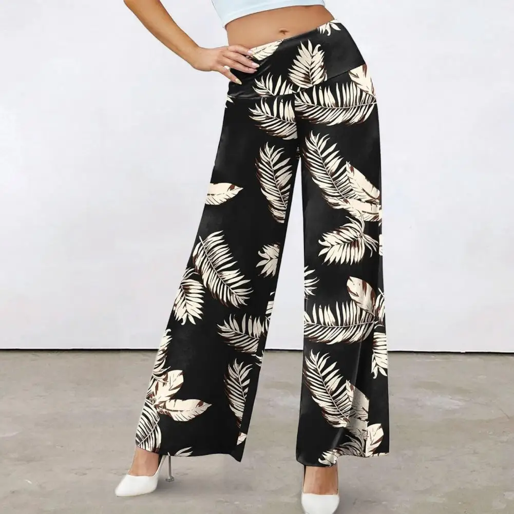 

Women Casual Pants Leaf Print Elastic High Waistband Wide Leg Long Pants Stretchy Straight Office Trousers Streetwear