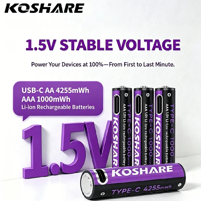 KOSHARE Rechargeable Batteries AA AAA USB-C 1.5V Lithium-ion Battery High Capacity 4255mWh 1000mWh For Alarm Clocks Flashlights 1
