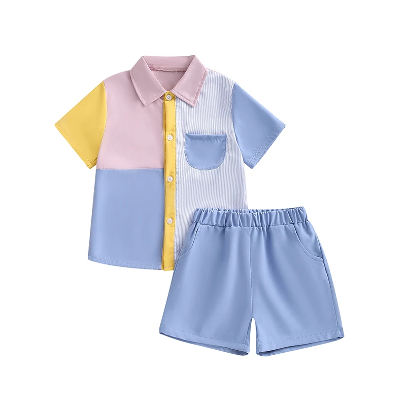 

Kids Boys Summer Clothes Set Contrast Color Short Sleeve Turn-Down Collar Shirts Tops and Solid Color Shorts 2Pcs Suit