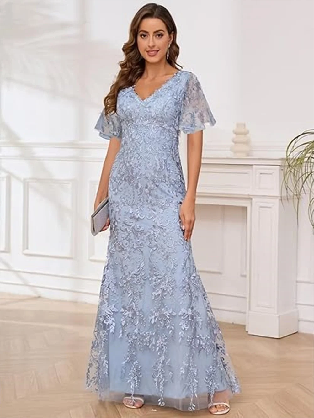 Pink Ross Long Evening Dresses Lace Appliques Mermaid Mother Of The Bride  Dresses For Wedding Short Ruffle Sleeves Formal Dress V Neck Evening Gowns  AliExpress 320