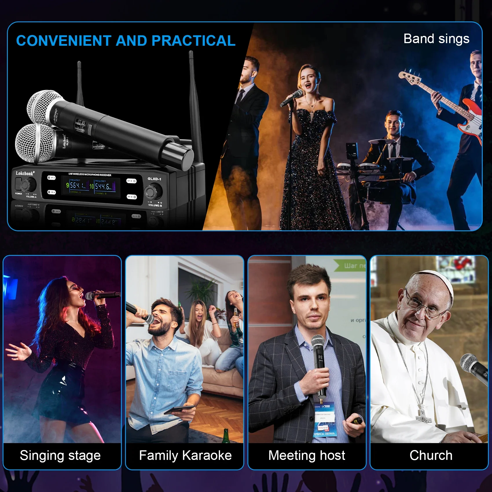 מערכת מיקרופון אלחוטי glxd1 מערכת מיקרופון אלחוטי תדר uhf קבוע אלחוטי מיקרופון דינמי עבור כנסיית קריוקי