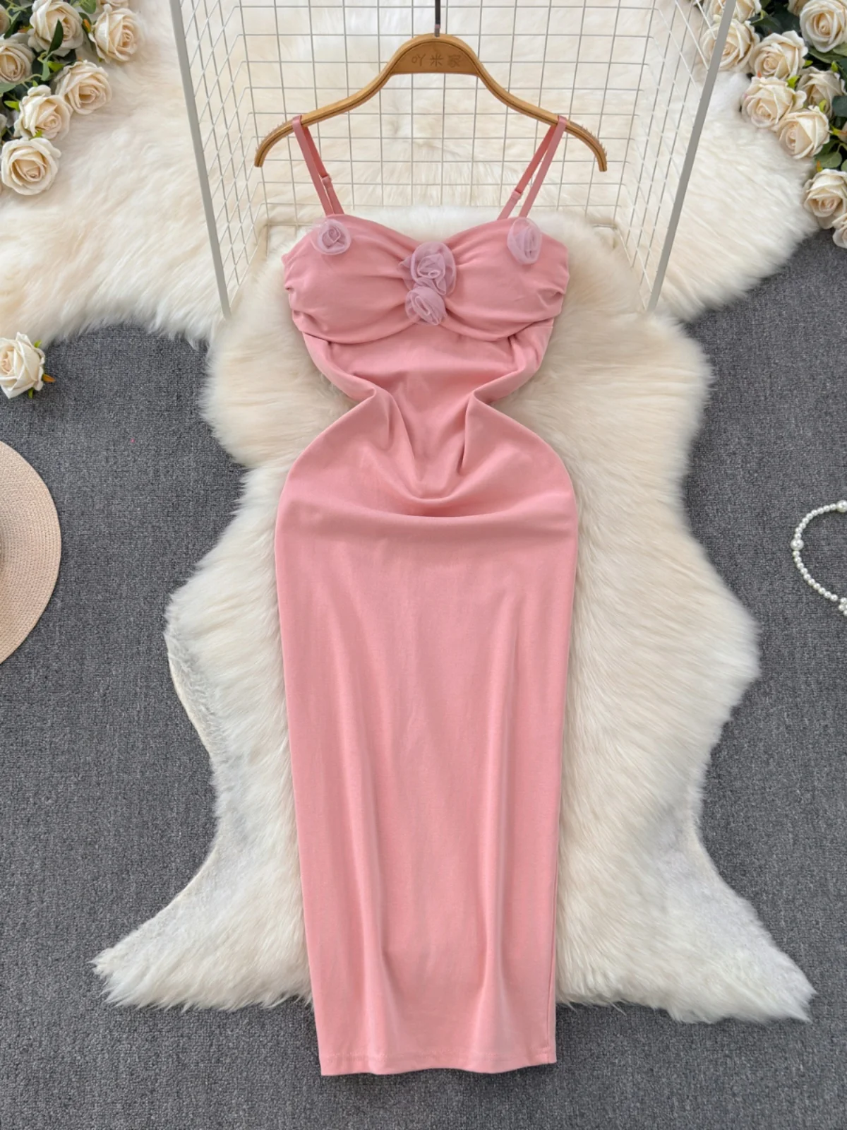 

Foamlina Sexy Floral Decoration Spaghetti Strap Dress Women Fashion Summer Solid Sleevless Slim Back Split Midi Party Club Dress