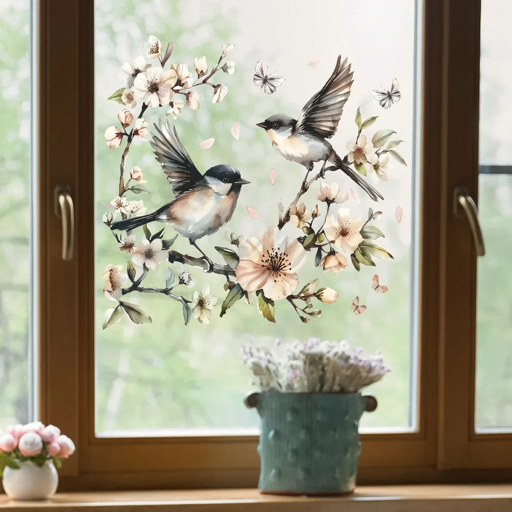 Window Stickers Watercolor Flower Twig Bird Glass Window Home Landscaping Decoration Electrostatic Uv Window Sticker Mirror Sticker 1PCS