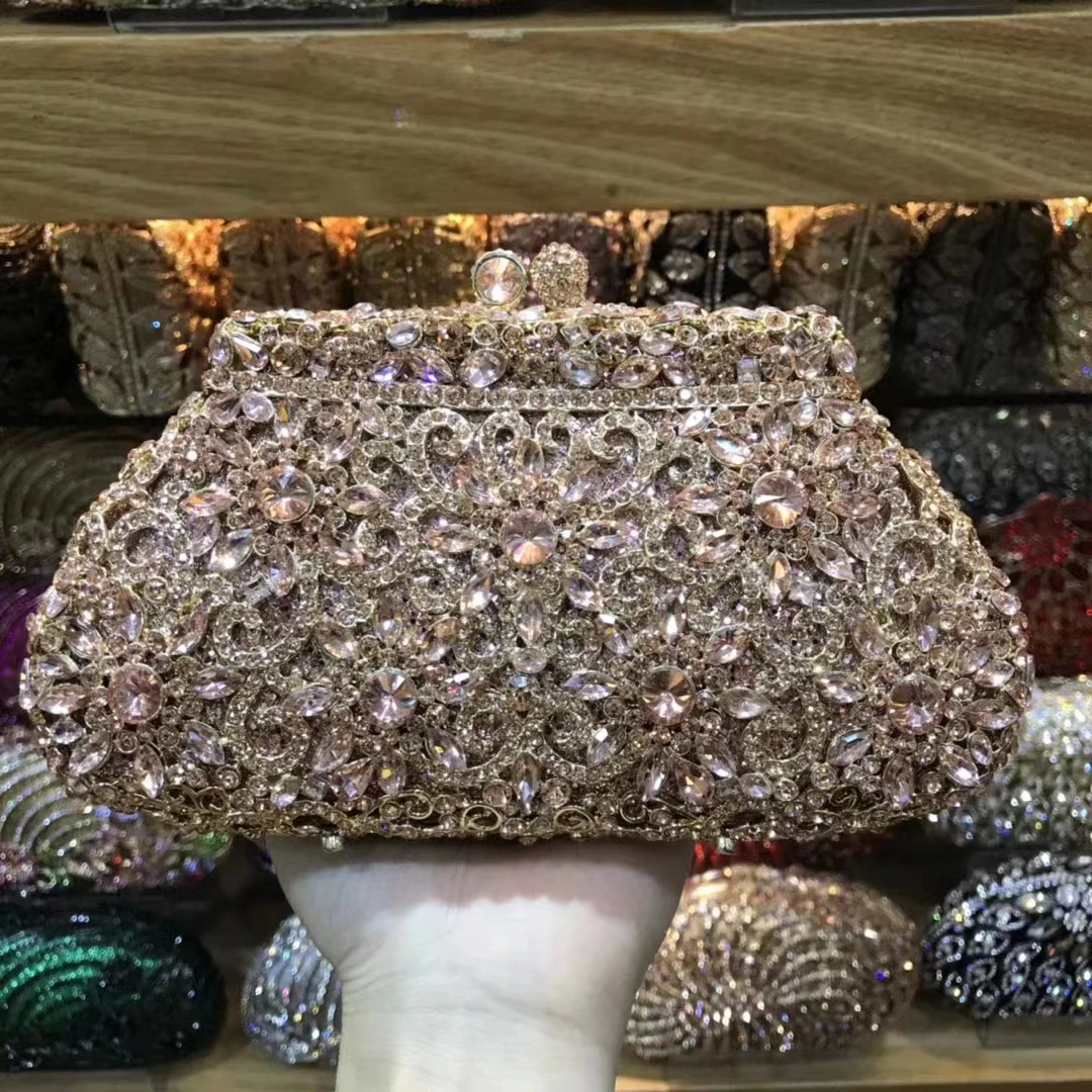 XIYUAN Women Rose Gold Stones Clutch Bags Lady Champagne Evening Bag Metal Minaudiere Rhinestone Clutches Wedding Party Purse