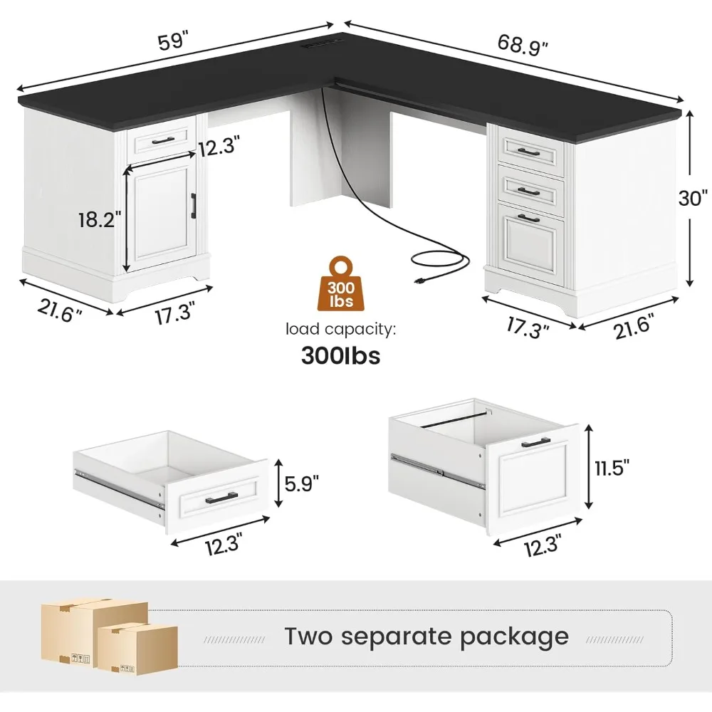 Farmhouse 69" Executive L Shaped Desk, Home Office Desk with Drawers and Storage Cabinet & Power Outlet, Corner Computer Desk, 2