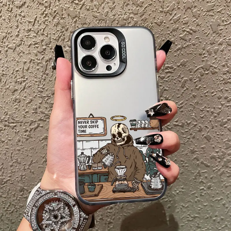 Kaffeehaus-Skelett-Cartoon-Handyhülle für iPhone 17 15 14 13 12 11 Mini Pro Max 16 Pro Max Plus 15 Plus Stoßfeste Laser-Cover – Detail 3