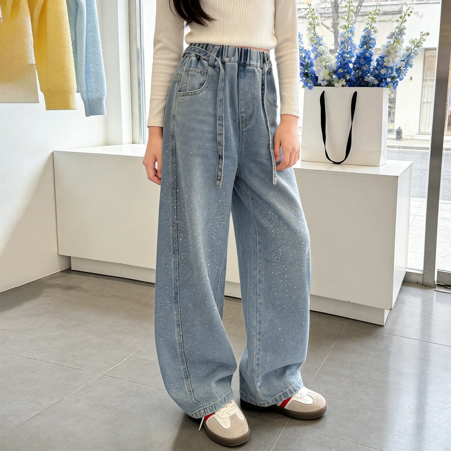 2026 신상품 여아 와이드 레그 진 데님 블루 핫픽스 라인스톤 키즈 팬츠 5-16세