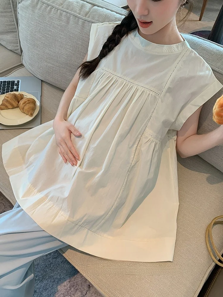여름 신상 임산부 레이스 트림 스플라이스 민소매 오버헤드 배 가리개 안티에이징 코튼 블렌드 라운드넥 베이직 팩