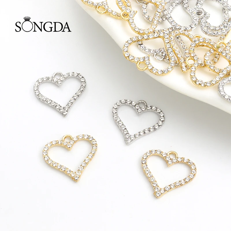 

10pcs Fashion Heart Shaped Crystal Rhinestone Charms Silver/Gold Color Geometry Alloy Pendant for Making Jewelry DIY Accessories