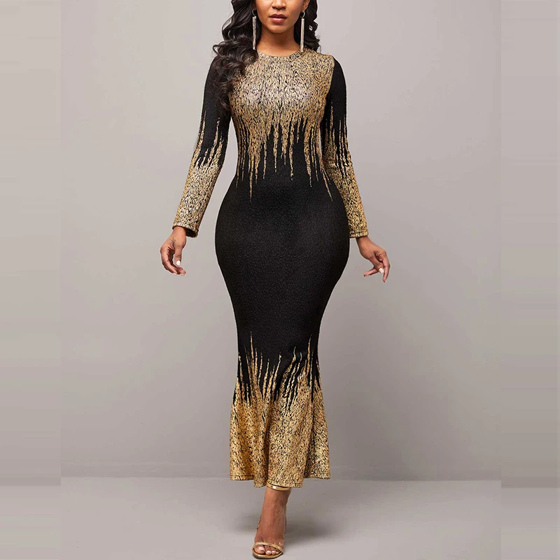 

OTEN Women's Elegant Round Neck Long Sleeve Printed Pencil Dress Sexy Tight High Waist Bag Hip Party Bodycon Long Dress