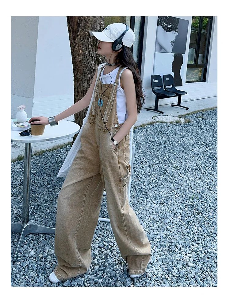 summer teen girls water washed punk wide leg jumpsuit junior kids loose slimming casual Cowboy overalls 4-14 child ropa trousers