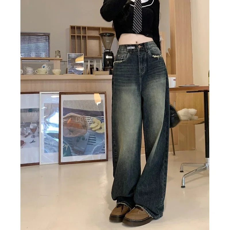 

Plus Size Contrast Jeans Are Thin and Cover The Crotch Spring and Autumn Loose Retro Straight High-waisted Wide-leg Drape Pants