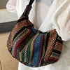 حقيبة كتف على الطراز القبلي، حقيبة كروس قابلة للطي مع سحاب إغلاق، نمط مخطط، بطانة مطلية بحافة قابلة للغسل يدويًا على شكل علم