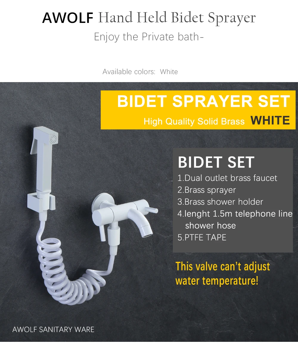 Description Picture 2 of itemAwolf White Bidet Faucet Solid Brass Handheld Toilet Bidet Sprayer Dual handle Dual Outlet Filling Valve Shattaf Shower AP2223