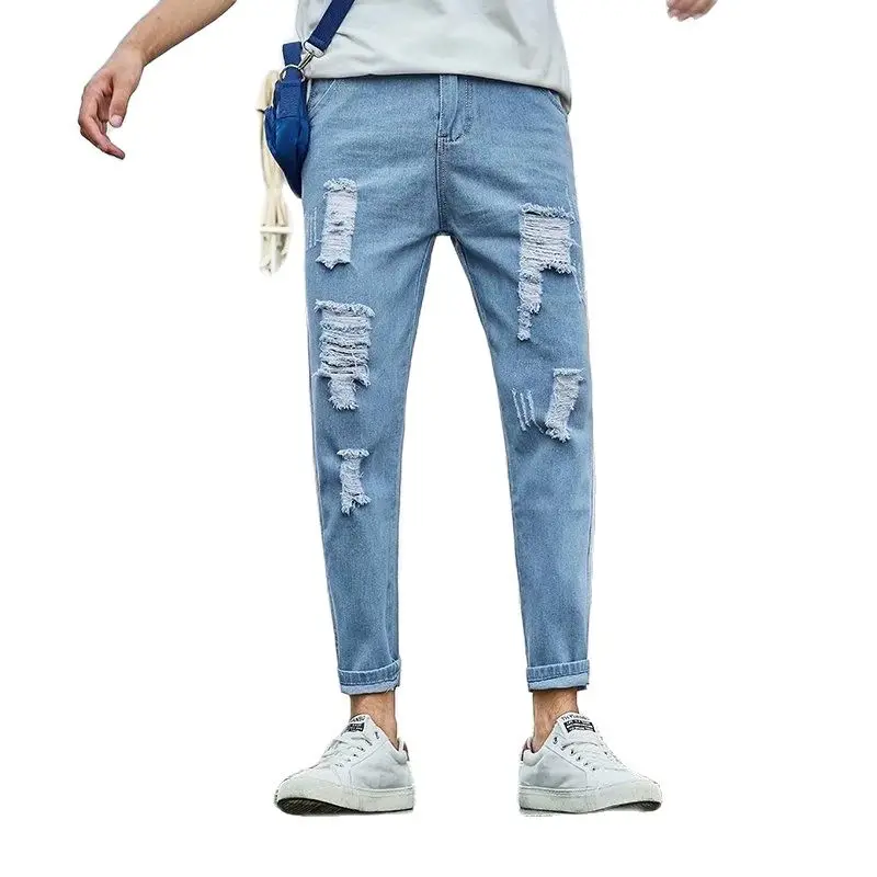 Summer 2022 New Beggar Personality Ripped Hole Denim Jeans Men Cowboy Korean Slim Feet Casual Ankle Length Teenagers Men Pants