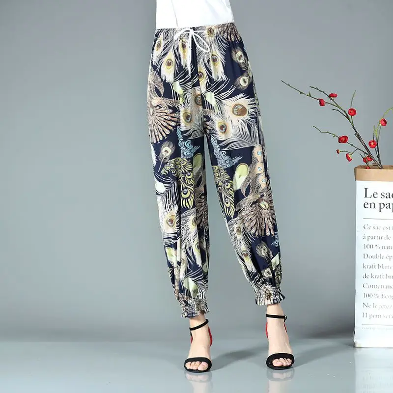 Summer New Loose Lantern Pants Women's Printed Elastic Waist Patchwork Drawstring Elastic Versatile Fragmented Straight Trousers